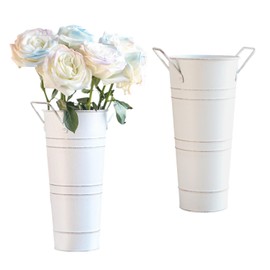 2 Pack 9 Inch Vintage Metal Galvanized Flower Vase, Farmhouse French Flower Bucket Vases with Handles Tall Galvanized Metal Planter Bucket for Home Decor.
