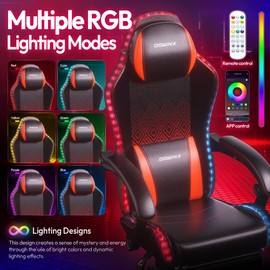 Dowinx Gaming Chair with RGB Lights, LED Gaming Chair with Footrest for Adults, Ergonomic Gaming Chair with Massage Lumbar Support, Video Game Chair PU Leather Balck Red