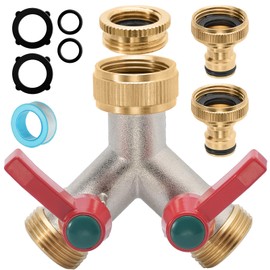 iBamso 2 Way Garden Hose Splitter with Two Quick Hose Connector, 3/4 inch Tap Y Splitter with On/Off Valves and Extended Handle, Solid Brass Nickel Plated 2-Way Tap Connector for Home Garden Outdoor