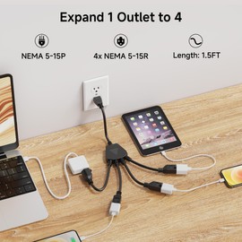 Cable Matters 2-Pack 4 Outlet Power Splitter Cord - 1.5ft, NEMA 5-15P to NEMA 5-15R Y Power Cord Splitter, 16 AWG Outlet Saver, 4 Way ExtensionCord, 1.5 Feet