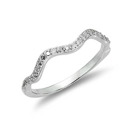 Sterling Silver 2mm Wave Ring with Clear CZ Crystals - UK Size - U (I - U Available)