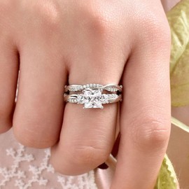 SweetJew Sterling Silver Princess Cut Infinity Wedding Rings Set for Women Cubic Zirconia Size P