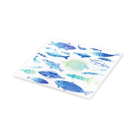 Lunarable Blue Cutting Board, Artisan Fish Patterns with Wavy Lines and Sky Cloud Motifs Marine Sea Life Image, Decorative Tempered Glass Cutting and Serving Board, Large Size, Seafoam Blue