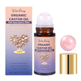 Organic Castor Oil Roll On with Rose Quartz Roller, 100% Castor Oil Organic Cold Pressed, Hexane-Free, for Face and Body, Hair, Eyebrows, Deep Hydration Skin Moisturizer,1.7oz