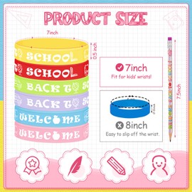 Sabary 48 Pcs Welcome Back to School Pencils Rubber Bracelets Back to School Supplies Set School Party Favors First Day of School Gifts for Kids Kindergarten Students Teacher Reward