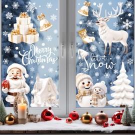 Xyxu Christmas Window Stickers, 8 Sheet Reusable Christmas Decorations White Santa Xmas Window Stickers Clings, Staic Snowflake Window Stickers Christmas Scene for Indoor Christmas Window Decorations