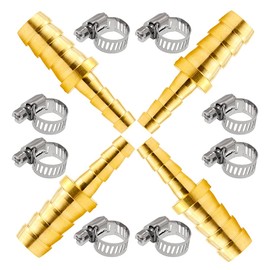 Beduan Brass Hose Barb Reducer, 3/8" to 5/16" Barb Hose ID, Reducing Barb Brabed Fitting Splicer Mender Union Air Water Fuel With 8 Hose Clamp(Pack of 4)