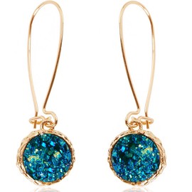 Teal Earrings Dangle - Navy Blue Earrings for Women Dangling - Trendy Boho Drop with Peacock Green Sparkly Simulated Druzy Stone in Gold Tone, Long Hanging Threader Statement Drops, Blue Jewelry