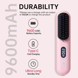 Cordless Hair Straightener Brush - Portable Straightener Brush with 9 Temp Settings, Mini Straightening Comb for Travel, 9600mAh Rechargeable Batt & 224 Million Negative Ions (Pink)