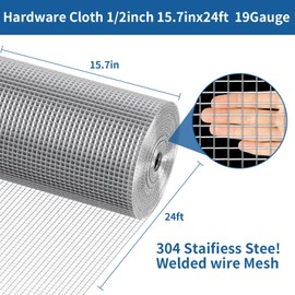 apbgwj 304 Stainless Steel Welded Wire Mesh, 1/2 inch Hardware Cloth, 19 Gauge Chicken Wire Fence Mesh Cage Poultry Garden Plant Support Containment Fence(15.7in×24ft)