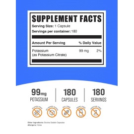 BulkSupplements Potassium Citrate Capsules 99Mg 180 Count Mineral Supplement For Wellness