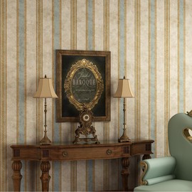 Peel and Stick Wallpaper, Vintage Distressed Vertical Striped Non-Woven Wallpaper, Beige Mint Green Gold Accents, Removable Self-Adhesive, 20.87" x 31.2ft for Farmhouse Living Room Bedroom Home Decor