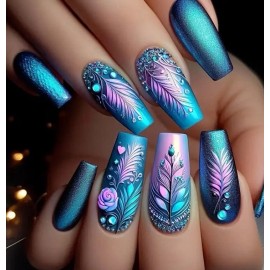 Feather 24pc Ballerina Ballet Style Turquoise Pink Long Press On nails Teal Feather Teal
