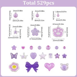 SOFPLATE 1 Box 529Pcs Assorted Acrylic Beads Purple Assorted Beads Butterfly Heart Flower Stars Bear Cute Aesthetic Beads Bulk for Jewellery Making Supplies DIY Bracelets Necklaces Crafts Phone Charm