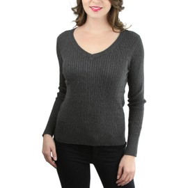 ToBeInStyle Women's L.S. Cable Knit V-Neck Classic Sweater - Charcoal - Medium