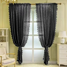 F-CHU Black Lace Curtains 72 drop Pair Voile Net Curtains for Windows Victorian Sheer Curtains 140cm Width x 183cm Drop (55"x 72") Black Curtains