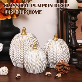 GlikCeil 3 Pcs Artificial Fall Pumpkin Decor White and Gold Golf Ball Shape Resin Pumpkins Figurine for Decorating Gift for Thanksgiving Autumn Harvest Table Centerpiece Farmhouse Mantel Decor