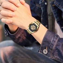 Silverora Watches Men's Date Luminous: 3ATM Waterproof Imitation Mechanical Stainless Steel Analogue Quartz Men's Watches Calendar Tachymeter Watches with Luminous Hands Gifts for Men, gold, Bracelet