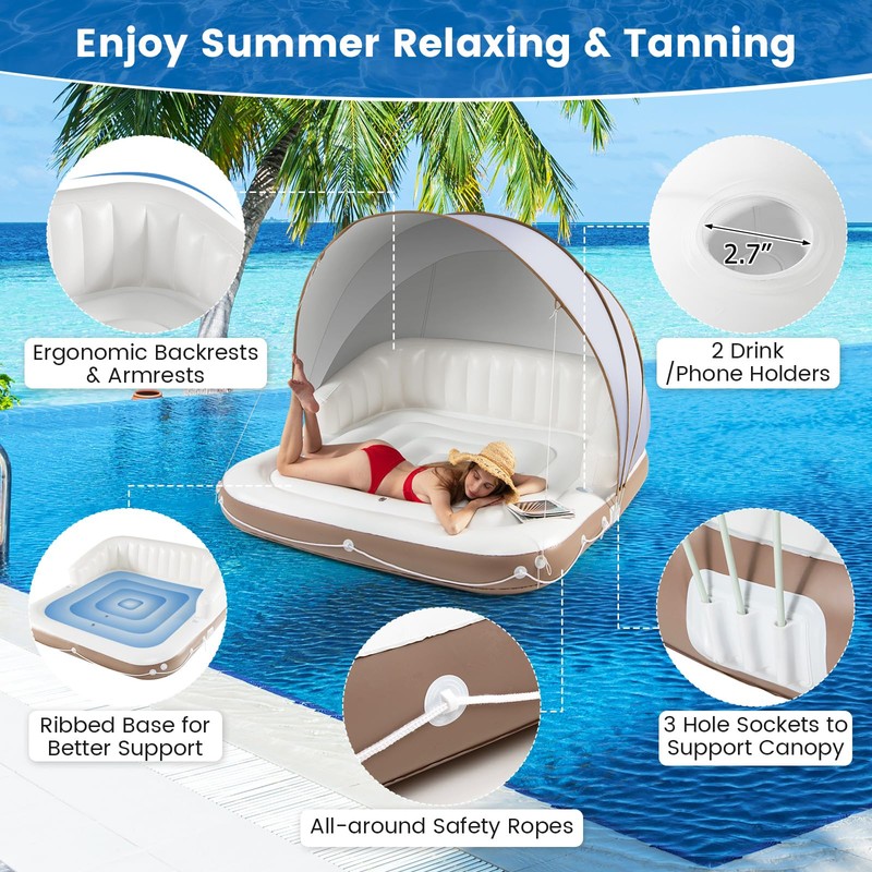 CHEFJOY Inflatable Pool Float with Canopy, 71” Tanning Lounger with