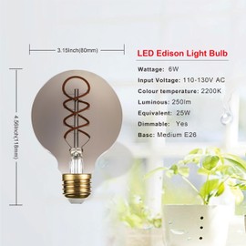 SD LUX G25 Dimmable Vintage Globe Light Bulbs Retro Decorative LED Edison Bulbs 6W 250lm (Equi. 25W), E26 Medium Base, CRI>90 Warm White 2200K (G25-Smoke, 6)