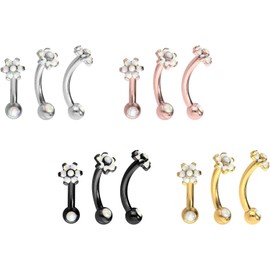 PIERCINGLINE Titan Banane mit Push Fit BLUME MIT 7 SYNTHETISCHEN OPALEN + OPALKUGEL Piercing Ohr Nase Schwarz 1,2 x 8 x 5 mm