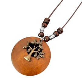 KIFEDSLJ Wooden Pendant Necklace with Owl Leaf Elephant Flower Handmade Vintage Bronze Leaf Long Leather Chain Sweater Necklace for Women (small tree)