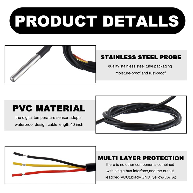 BOJACK DS18B20 1M Temperature Sensor Temperature Probe Stainless Steel Package