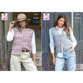 King Cole Aran Knitting Pattern - 6224 Ladies Round & V Neck Waistcoats