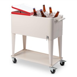 80 Quart Patio Cooler Rolling Cooler Ice Chest with Shelf, Stainless Steel Ice Chest Portable Patio Party Bar Drink Cooling Cart Beverage Cooler Cart with Wheels and Bottle Opener