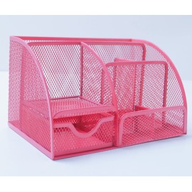 Sinxioer Desk Organiser, Mesh Metal Office Shelf with Pen Holders & Drawer, 6 Sorting Compartments for Pens, Pen Holder, Stapler, Sticky Notes, Multifunctional Organiser