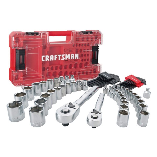 CRAFTSMAN VERSASTACK Mechanic Tool Set, 71-Piece, 1/4-in and 3/8-in Drive, SAE and Metric, Ratchets, Sockets, Hex Keys, Adaptor and More, Polish Chrome Finish (CMMT45071)
