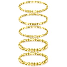 BONJOULRY Gold Beaded Stretch Bracelet Stack for Women Non Tarnish Trendy 14K Gold Plated Stackable Small Bead Ball Stretchy Strand Bangle Bracelets Set Wrist Jewelry Gifts 5PCS, Medium, Brass