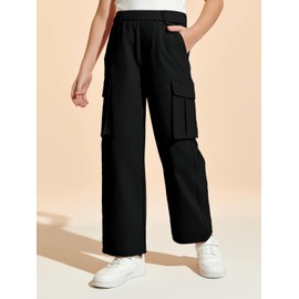 Haloumoning Girls Cargo Pants Casual Baggy Wide Leg Elastic Waist Jogger Trousers with Pockets 5-14 Years, Black, 10-12 Years