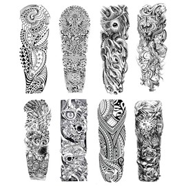 8 Sheets Temporary Tattoos for Men and Women Full Arm, Waterproof Temp Wolf Tattoo Stickers Adults, Hand and Body Art Line Flower Animal