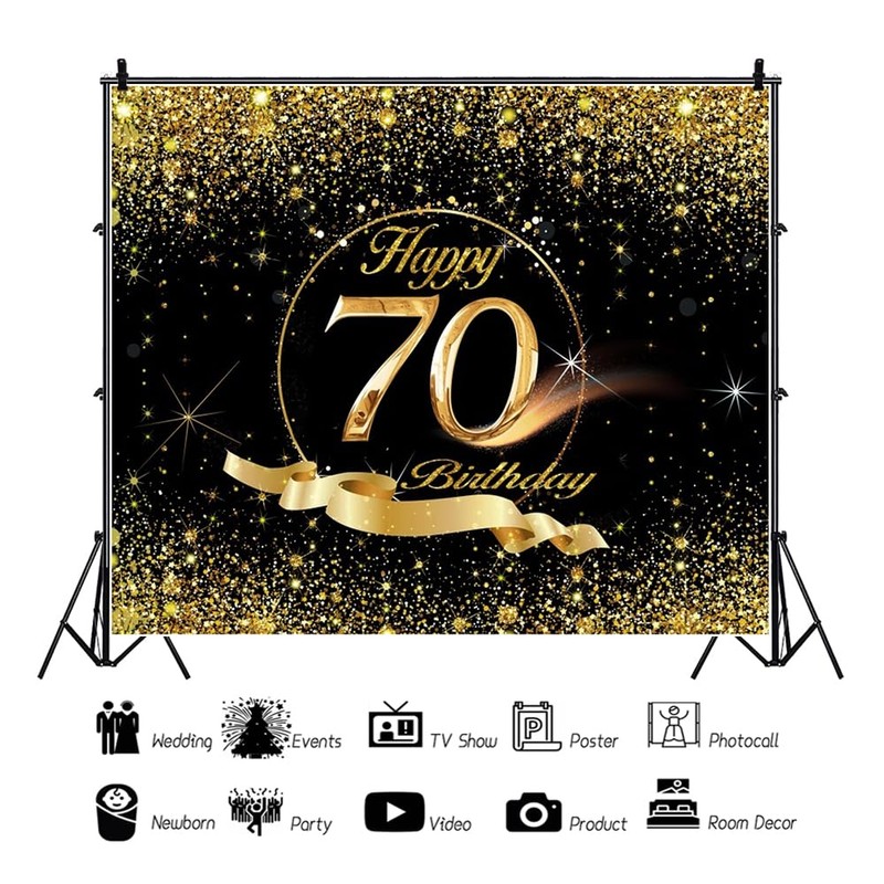 70th Birthday Backdrop 8x6ft Black Gold Birthday Backdrop for Party