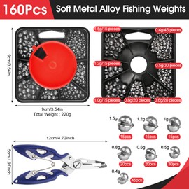 160Pcs Fishing Weights Shot, 7 Sizes Split Shot Fishing Weights Mixed with Pliers and Compartment Box, Soft Metal Alloy Fishing Shot, Non Toxic Fishing Split Shot for Carp Saltwater Freshwater