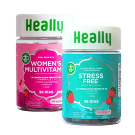 Heally Mujer: Multivitamínico Energía con Ácido Hialurónico y Omega-3, Sabor Fresa y Granada, Sin Azúcar ni Gluten y Gomitas Relajantes Stress Free con L-Teanina y GABA, Sabor Frambuesa, 72 Gominolas, 100% Natural, Veganas, Sin Azúcar ni Gluten