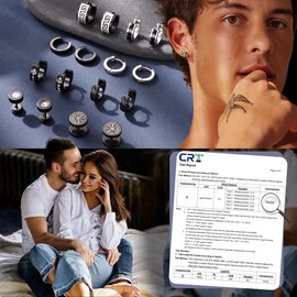 Thunaraz 12 Pairs Mens Earrings Stainless Steel Silver Black Stud Earrings Set Hypoallergenic Black Huggie Hoop Earring Fake Plug Helix Piercing Flat Back Earring for Men Women Punk