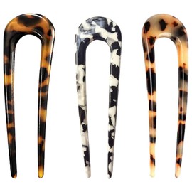 3 Pcs U Shaped Hairpin Fork, 2 Prong Updo Chignon Pins, Tortoise Shell Hair Pins, French U Shaped Hair Pins 2 Prong Tortoise Cellulose Acetate for Women To Fixing And Decorating Hair Forks