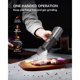 FORLIM Gravity Electric Salt and Pepper Grinder Set, Upgraded Large Capacity, USB Rechargeable Automatic One Hand Operated, Adjustable Coarseness, Auto Dust Lid, LED Light(Stain Steel Black)