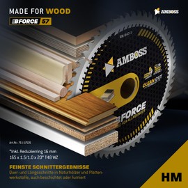 AMBOSS WERKZEUGE HM Circular Saw Blade, 165 x 20/16, Z48, Interchangeable Teeth for Wood, Super Fine Cut, 165 mm, Reducing Ring 16/20 mm, for Bosch GKS 18v-57g, GKT 55, GCE, Makita SP60