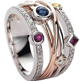 AZQ 925 Sterling Silver Shiny Full Diamond Ring Sapphire Ruby Gemstone Ring Cubic Zirconia Rings CZ Diamond Multi Row Ring Eternity Engagement Wedding Band Ring for Women TZ.50, US Code 6,