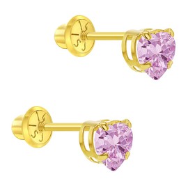 14k Yellow Gold 5mm Pink Heart Cubic Zirconia Prong Set Screw Backs for Little Girls - Shiny Heart Screw Backs for Babies, Infants & Toddlers - Small Heart Shape CZ Earrings for Young Girls