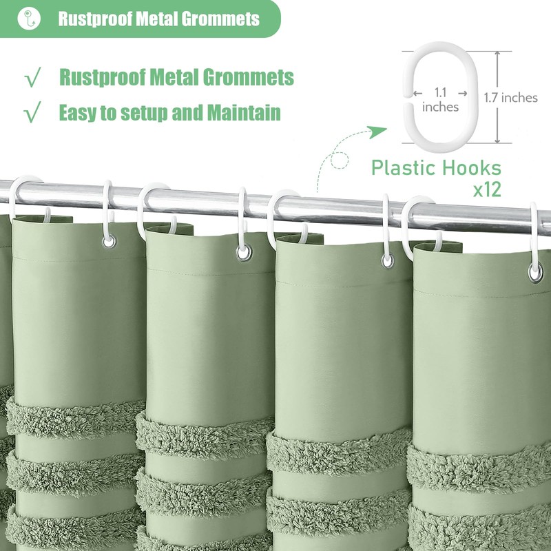 Dynamene Sage Green Fabric Shower Curtain, Tufted Chenille Striped Textured