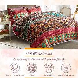 3 Pieces Colorful Bohemian Quilt Set California King Size, Burgundy n Brown Boho Striped Printed Bedding Bedspread Coverlet Set for Summer, Lightweight Microfiber Quilt with 2 Shams (102x114 inces)