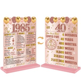 Guiruiy Pink Rose Gold 40th Birthday Decorations for Men Women, Two-Sided Vintage 40 Back in 1985 Theme Poster Wooden Table Sign with Stand, Forty Years Old Bday Centerpieces Holder for Table Decor