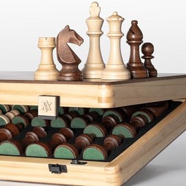 A&A 15 inch Foldable Wooden Magnetic Chess Set w/ 3 inch King Height Staunton Chess Pieces - Pine Box w/Walnut & Maple Inlay