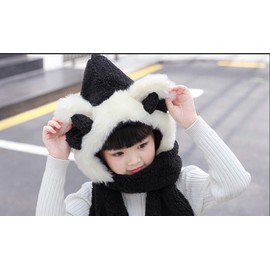 Kids Toddler Cartoon Fleece Hat Gloves Scarf 3 in 1 Set Girls Boys Winter Cute Warm Long Hoodie Earflap Hat A-Black