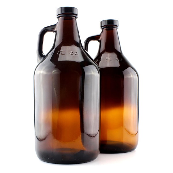 Cornucopia 64oz Amber Glass Growler Jugs/Half Gallon (2-Pack) w/Black Phenolic Lids, Great for Kombucha, Home Brew, Distilled Water, Cider & More