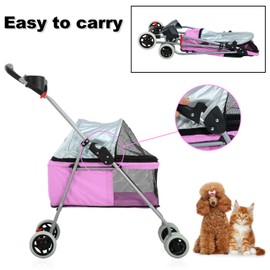 Pet Stroller - MeetPerfect Luxury Pet Roadster for Dogs and Cats Waterproof Dog Cart Dog Stroller Cat Stroller Pet Jogger - Easy to Walk Folding Carrier Carriage with Storage Basket (Pink)